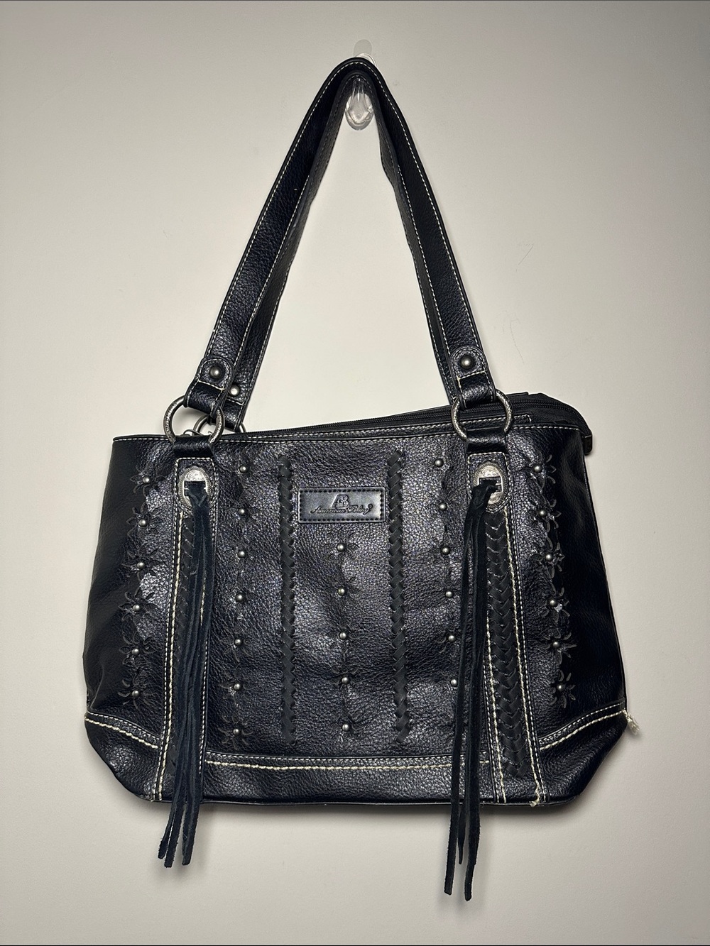 American Bling western Black with silver shoulder Bag with Stud & Tassel Details